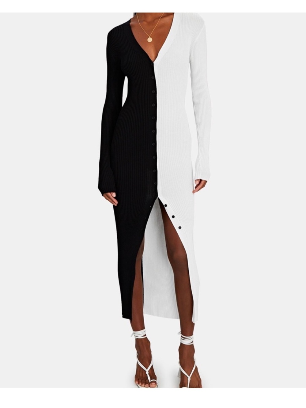 STAUD Black and White Long-Sleeve Button-Front Ribbed Maxi Dress